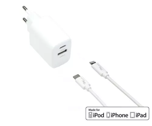 USB C+A töltőkészlet 20W, PD, fehér, 1m Lightning/C 20W, 3.6V~5.9V/3A; 6~9V/2A; 9V~12V/1.5A